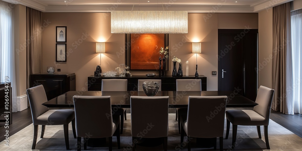 Modern dining room interior design with elegant furniture and lighting Modern dining room interior design with elegant furniture and lighting