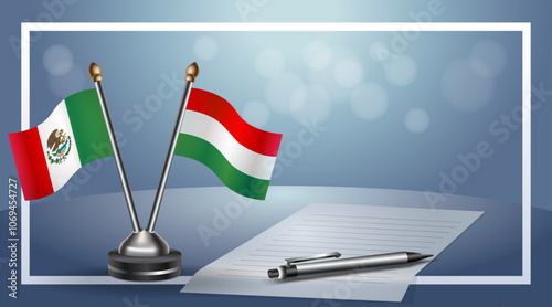 Mexico and Hungary, Small national flag on bokeh background, cooperative relationship