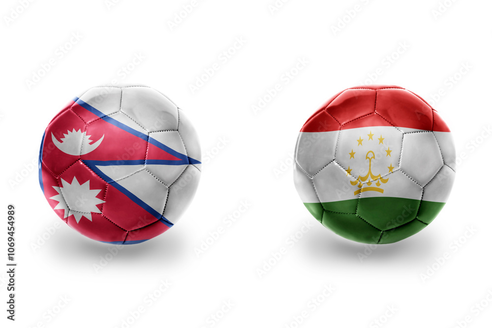 Fototapeta premium football balls with national flags of tajikistan and nepal ,soccer teams. on the white background.