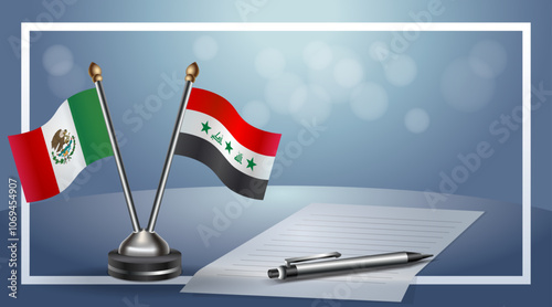 Mexico and Iraq Small national flag on bokeh background, cooperative relationship