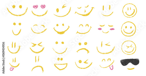 Doodle chalk emoji face icon set. Textured kids hand drawn sketch different emotion emoticons. Mood, happy, sad, love, smiley face with tongue. Pencil crayon drawing comic isolated vector illustration