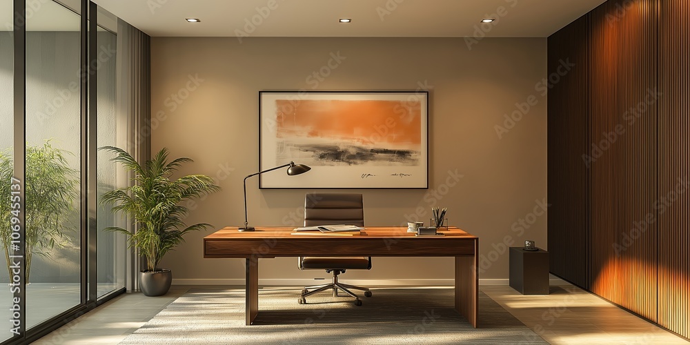 Modern minimalist home office interior with desk, chair, and painting Modern minimalist home office interior with desk, chair, and painting