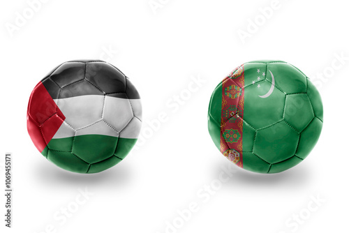 football balls with national flags of turkmenistan and palestine ,soccer teams. on the white background. photo