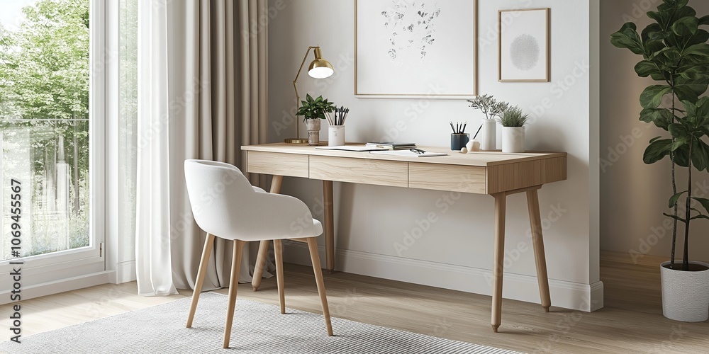 Modern scandinavian workspace with light wood desk and white chair Modern scandinavian workspace with light wood desk and white chair
