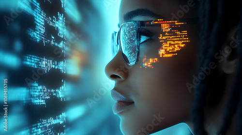 Woman With Glasses Reflecting Digital Code - Illustration