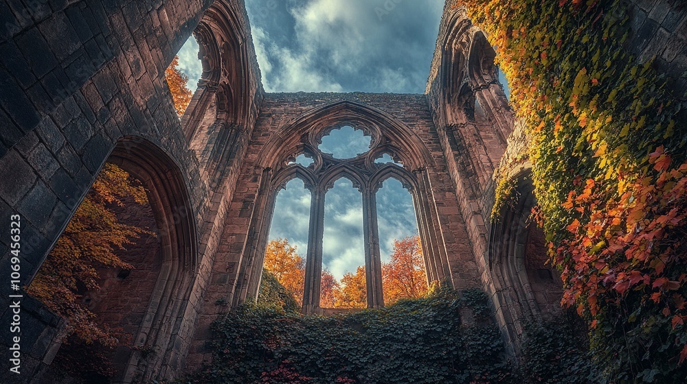 Fototapeta premium Abandoned Stone Abbey with Arched Windows and Ivy Growth