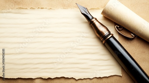 Vintage Quill Pen and Blank Parchment Paper Scroll on Brown Background