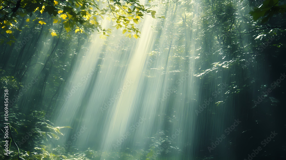 An ethereal forest with shafts of light piercing through the canopy and rain, illuminating the forest floor. Ethereal. Illustration