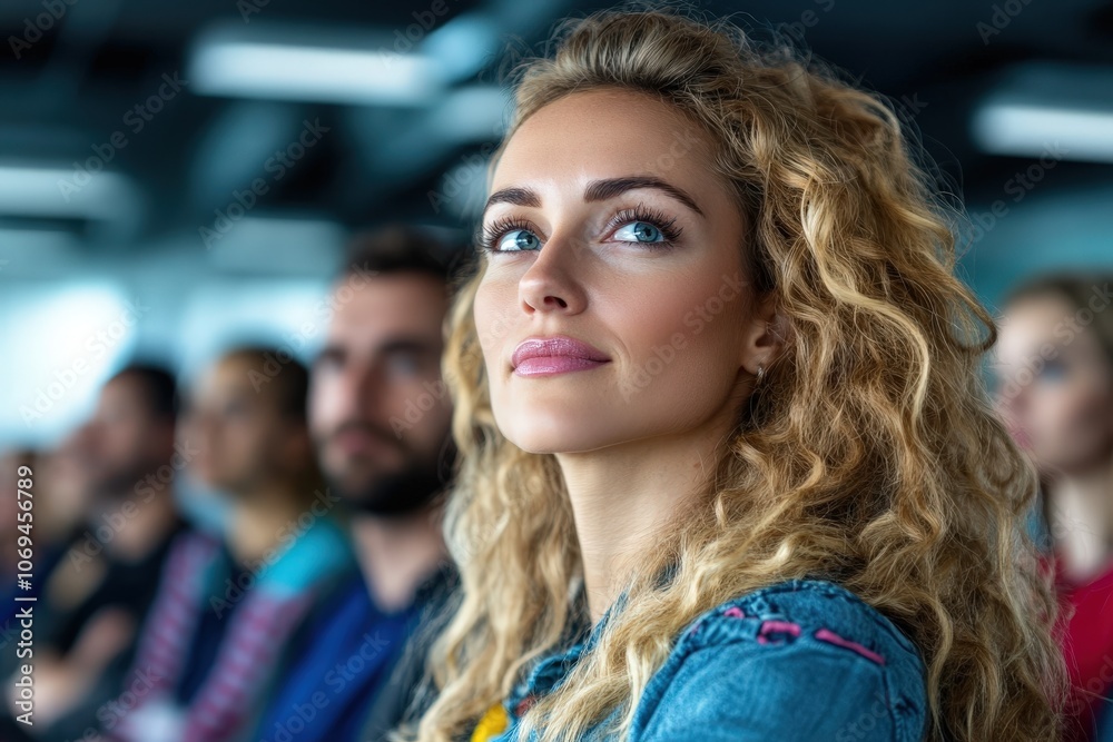 custom made wallpaper toronto digitalA woman with curly blonde hair sitting attentively in an audience, her expression reflecting focus and engagement, amidst blurred figures highlighting individuality.