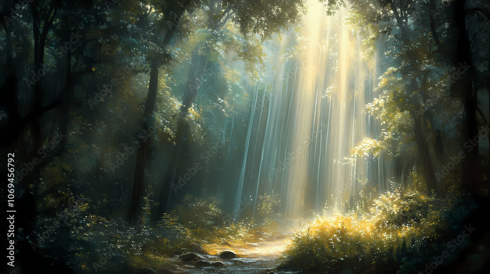 An ethereal forest with shafts of light piercing through the canopy and rain, illuminating the forest floor. Ethereal. Illustration An ethereal forest with shafts of light piercing through the canopy and rain, illuminating the forest floor. Ethereal. Illustration