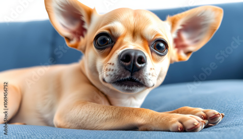 Close-up of a beige chihuahua lying on a blue couch, looking curiously at the camera with expressive eyes isolated with white highlights, png photo