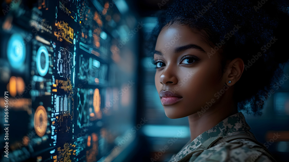 Woman in Camouflage Uniform Looking at a Screen of Data Woman in Camouflage Uniform Looking at a Screen of Data