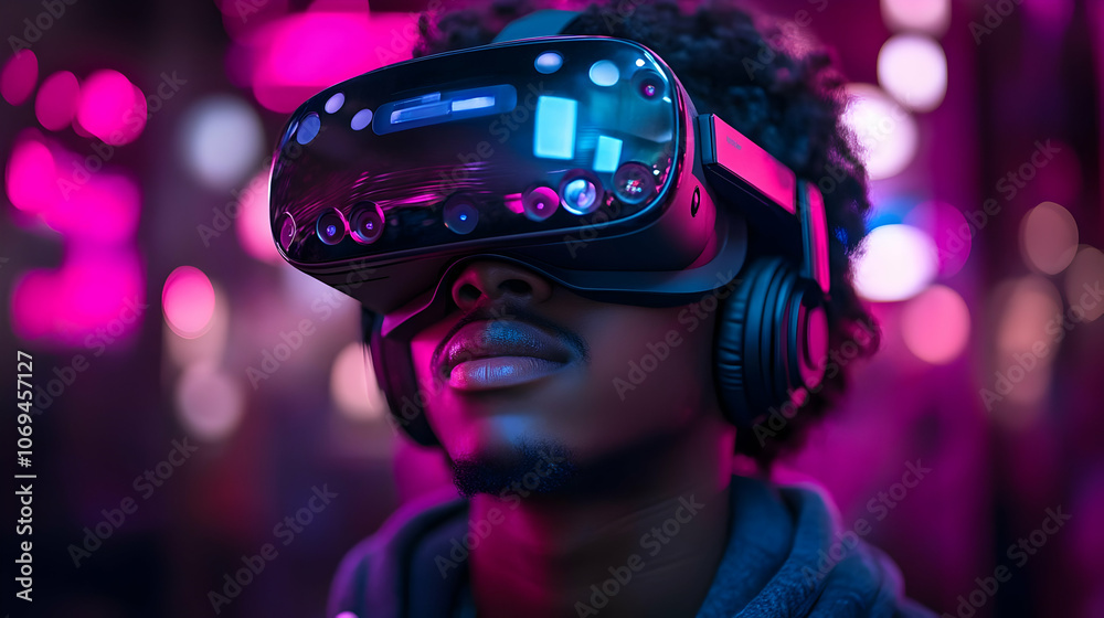 Man Wearing VR Headset and Headphones in Neon Light - Photo