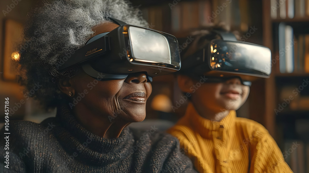 Senior Woman and Child Using Virtual Reality Headsets - Photo Senior Woman and Child Using Virtual Reality Headsets - Photo