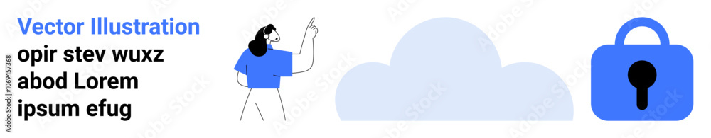 Character pointing at floating cloud with text on left. Large blue cloud icon in center. Blue padlock on right. Ideal for cloud storage, data security, privacy, digital protection, online services Character pointing at floating cloud with text on left. Large blue cloud icon in center. Blue padlock on right. Ideal for cloud storage, data security, privacy, digital protection, online services
