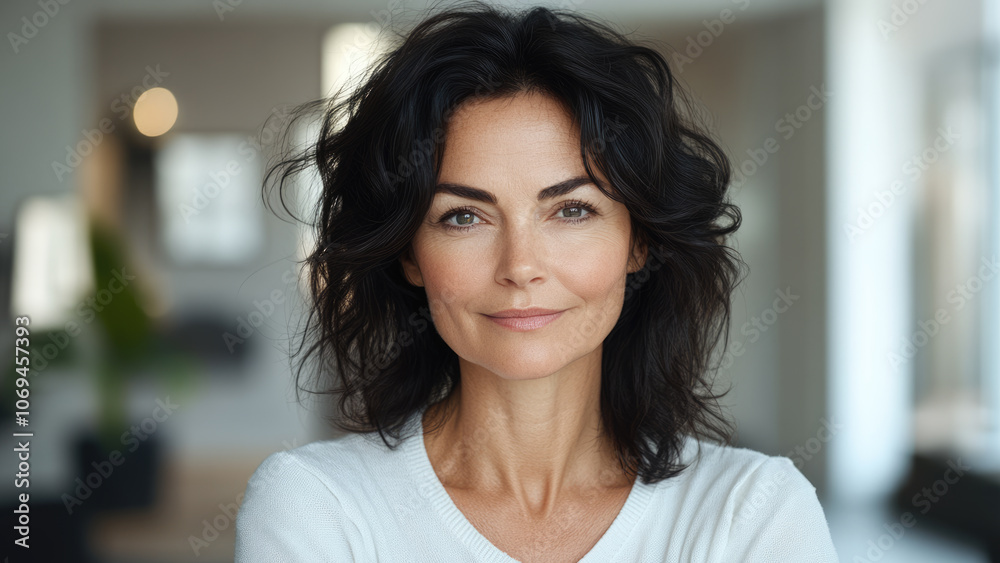 Confident Middle-Aged Woman with Dark Hair Smiling Calmly Indoors Confident Middle-Aged Woman with Dark Hair Smiling Calmly Indoors