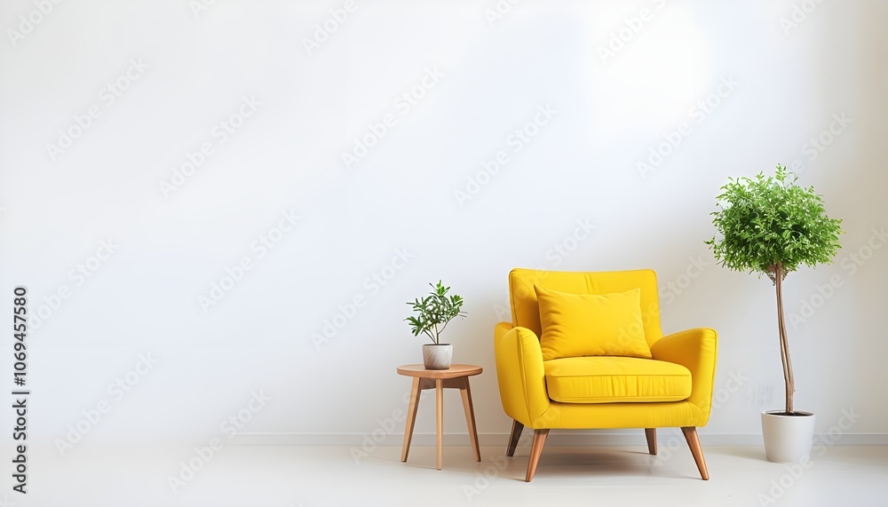 Fototapeta premium Image features a minimalist interior design style with a focus on simplicity and functionality. The layout includes a bright yellow armchair with a matching cushion, positioned slightly to the right 