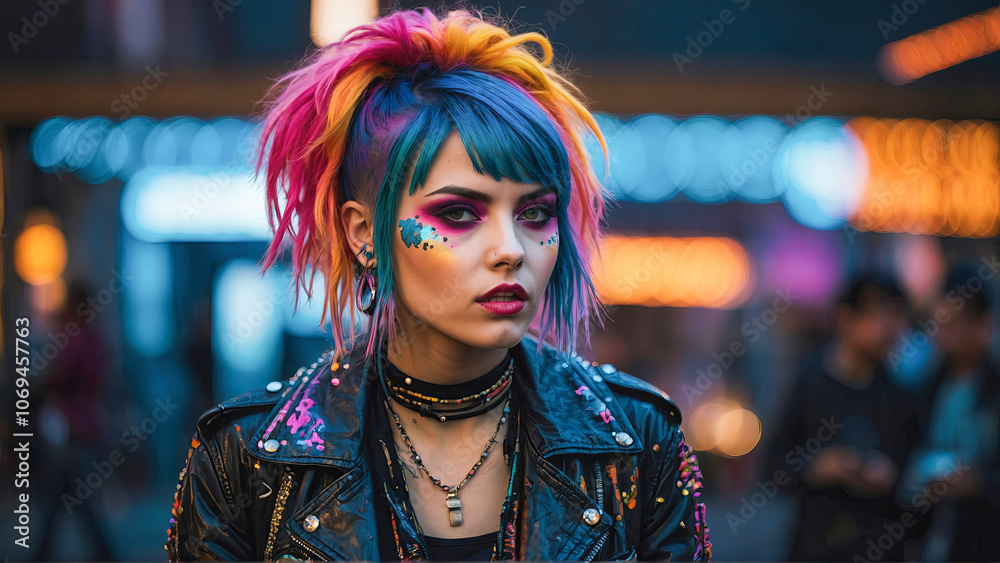 A young woman with vibrant hair and makeup poses fashionably in a bustling urban night scene A young woman with vibrant hair and makeup poses fashionably in a bustling urban night scene