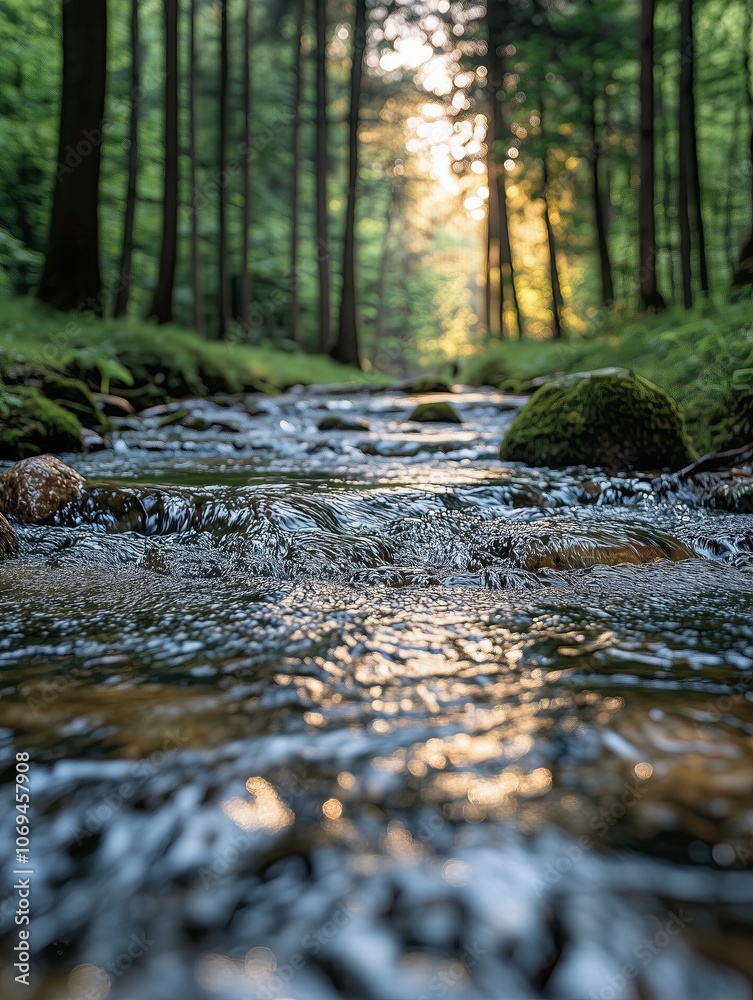 Forest stream flowing through mossy rocks at sunrise Forest stream flowing through mossy rocks at sunrise