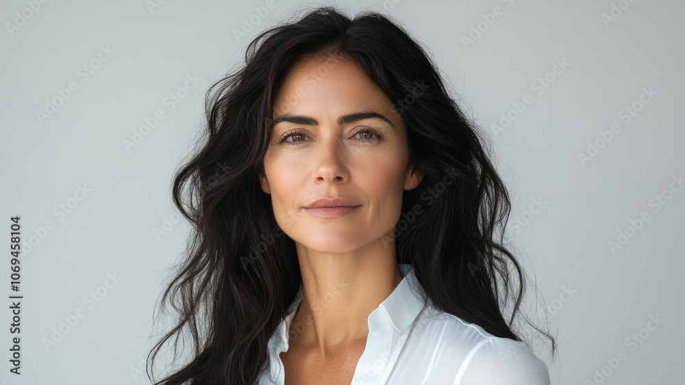 Natural Beauty of Woman with Dark Hair, Freckles, and Soft Gaze