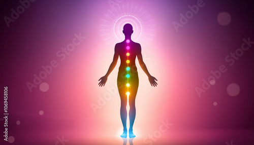 Silhouette of a person with chakra energy flow illuminated against vibrant gradient background: harmonious design representing spiritual balance and wellness