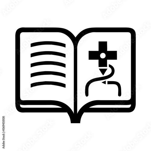 Open historical medical book icon with a cross and stethoscope on a white background