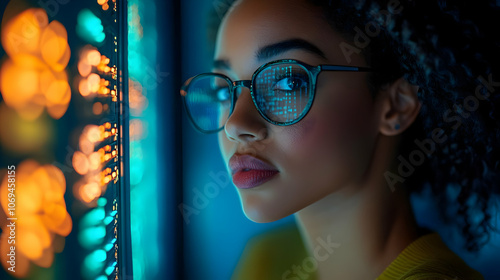 Woman in Glasses Looking at Screen with Code Reflected - Realistic Image