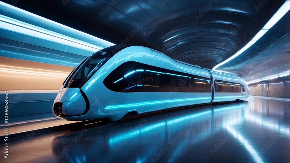Modern high-speed train in a futuristic underground station lit with neon lights Modern high-speed train in a futuristic underground station lit with neon lights