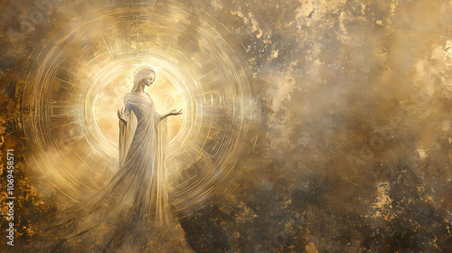 Divine feminine archetype radiating sacred geometry cosmic background ethereal glow spiritual symbolism. Ethereal. Illustration