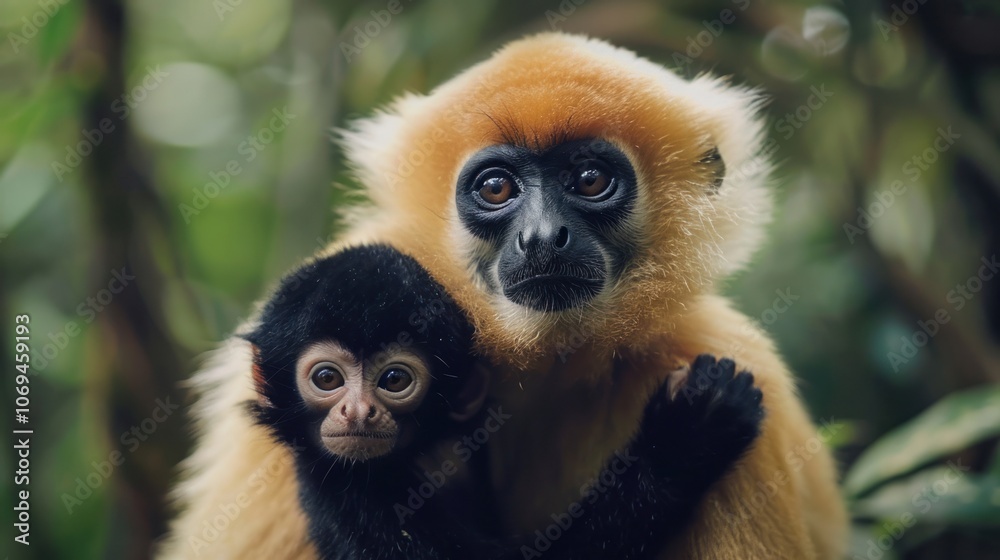 close up image of a mother yellow-cheeked siamang monkey with her child in the forest. close up image of a mother yellow-cheeked siamang monkey with her child in the forest.