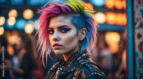 Young person with colorful hair poses confidently in a vibrant city at dusk