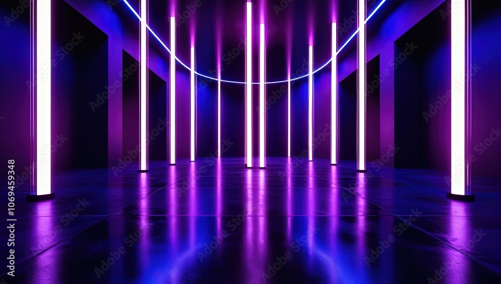 Futuristic space with glowing neon lights and reflective floor. Futuristic space with glowing neon lights and reflective floor.