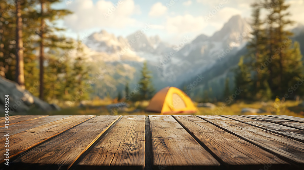 Wooden table background of free space for your decoration and blurred background of camping in mountains Wooden table background of free space for your decoration and blurred background of camping in mountains