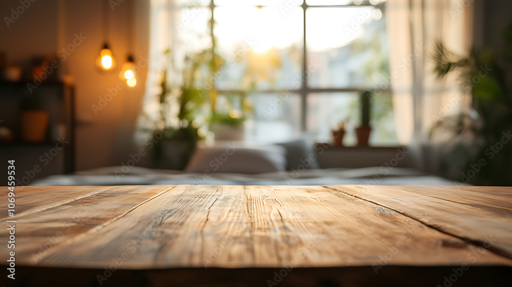 Wooden table top in front of blurred bedroom interior background Wooden table top in front of blurred bedroom interior background