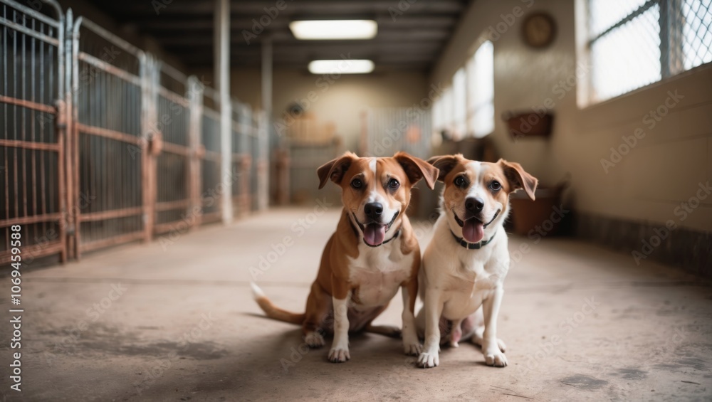 Two joyful dogs sitting together in a bright animal shelter hallway during the day Two joyful dogs sitting together in a bright animal shelter hallway during the day