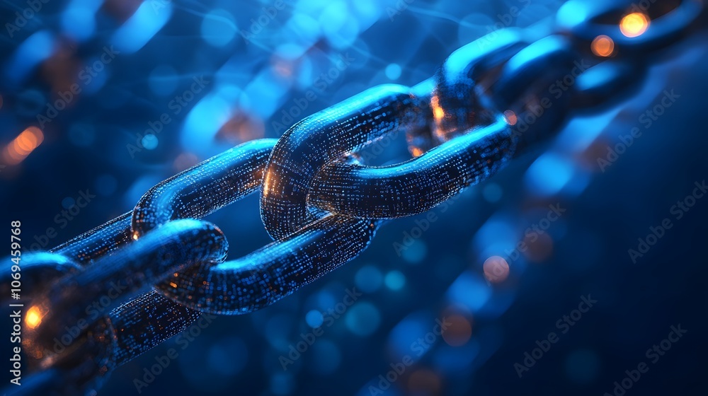 A chain of links is shown in a blue and orange color scheme. The chain is made of metal and he is a part of a larger structure. The blue and orange colors create a sense of contrast and tension A chain of links is shown in a blue and orange color scheme. The chain is made of metal and he is a part of a larger structure. The blue and orange colors create a sense of contrast and tension