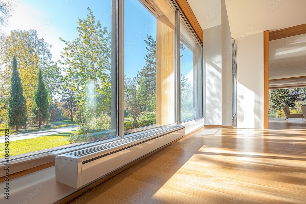 Fototapeta premium Bright and airy modern living room with large windows and sleek baseboard heater inviting natural light in