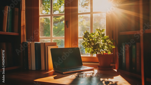 Wallpaper Mural a sunny window in a wooden hutch with two books, a laptop, a plant, and glasses Torontodigital.ca