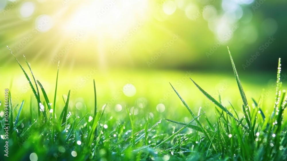 Obraz premium Close-up shot of a dewdrop-covered green grass blade, with a soft-focus background of a lush field, morning light casting gentle highlights, serene and natural atmosphere, 
