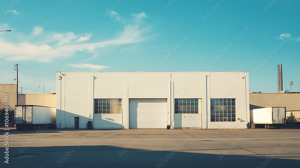 white warehouse with trucks in front of it and outside the building