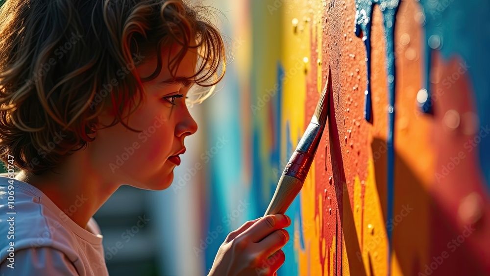 Obraz premium A Young Artist Paints a Vibrant Mural on a Colorful Wall in the Afternoon Light, Showcasing Creativity and Lively Imagination