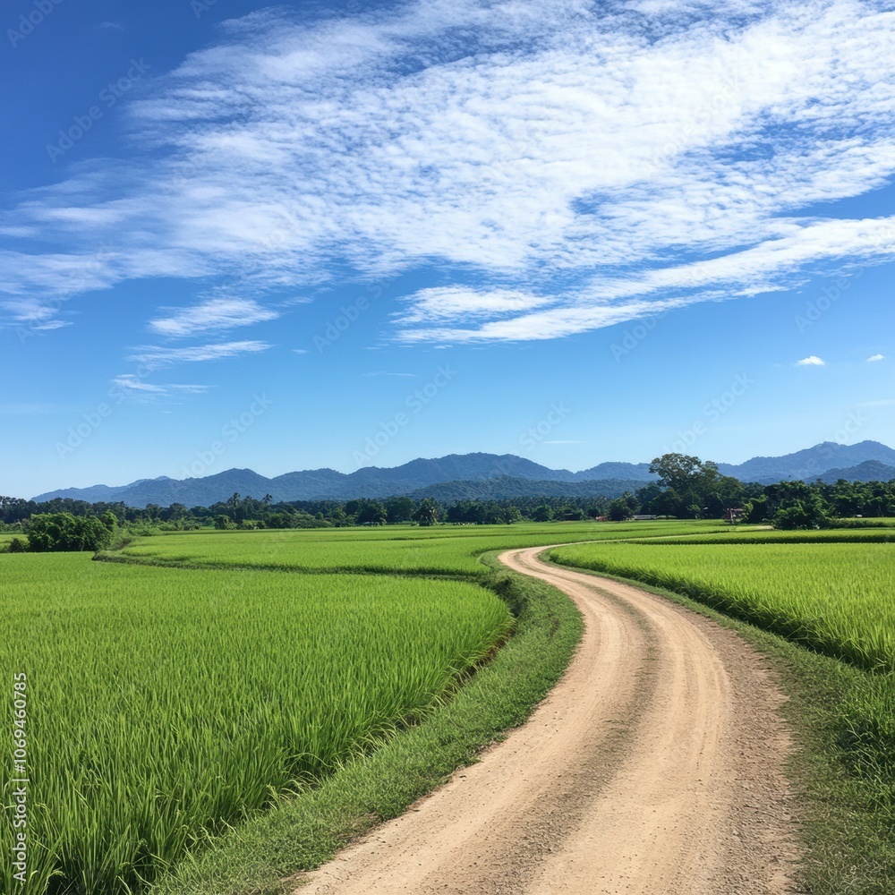 Scenic countryside dirt road curving through a vast green rice field, vibrant blue sky with gentle clouds, serene and open landscape, crisp and realistic details, morning sunlight, Scenic countryside dirt road curving through a vast green rice field, vibrant blue sky with gentle clouds, serene and open landscape, crisp and realistic details, morning sunlight,