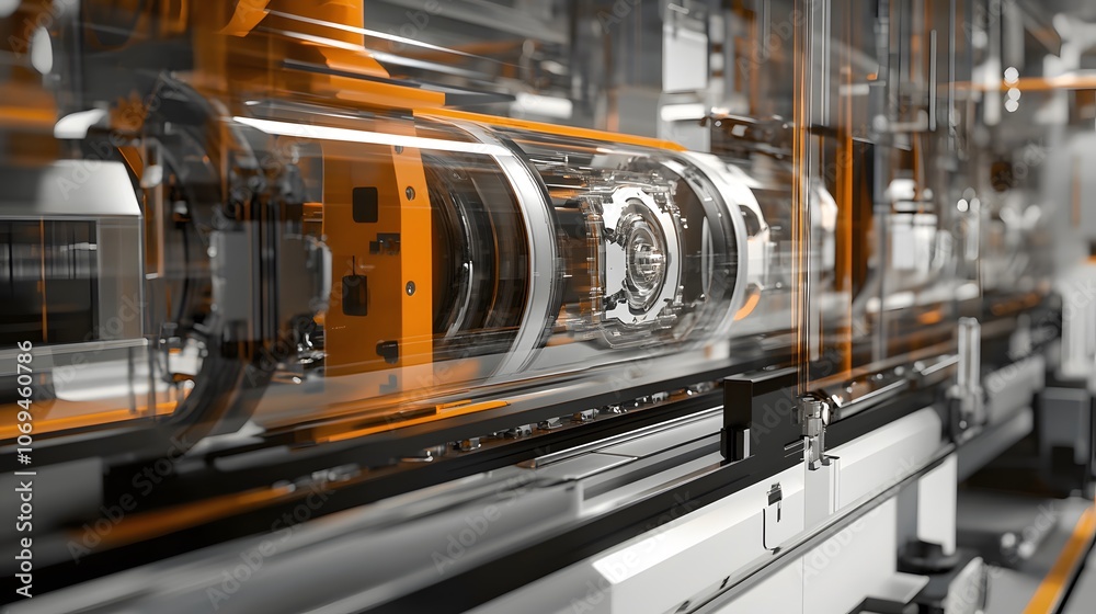 A machine is in the process of creating a product. The machine is orange and white. The machine is in motion, and the product is being made A machine is in the process of creating a product. The machine is orange and white. The machine is in motion, and the product is being made