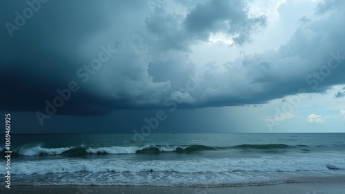 Dark Storm Clouds Gather Over the Ocean as Waves Crash on the Shore During Late Afternoon Hours in a Coastal Area