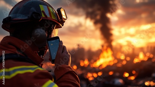 A firefighter, geared with protective wear, communicates via phone while a significant urban fire rages in the background, showcasing bravery and emergency response.