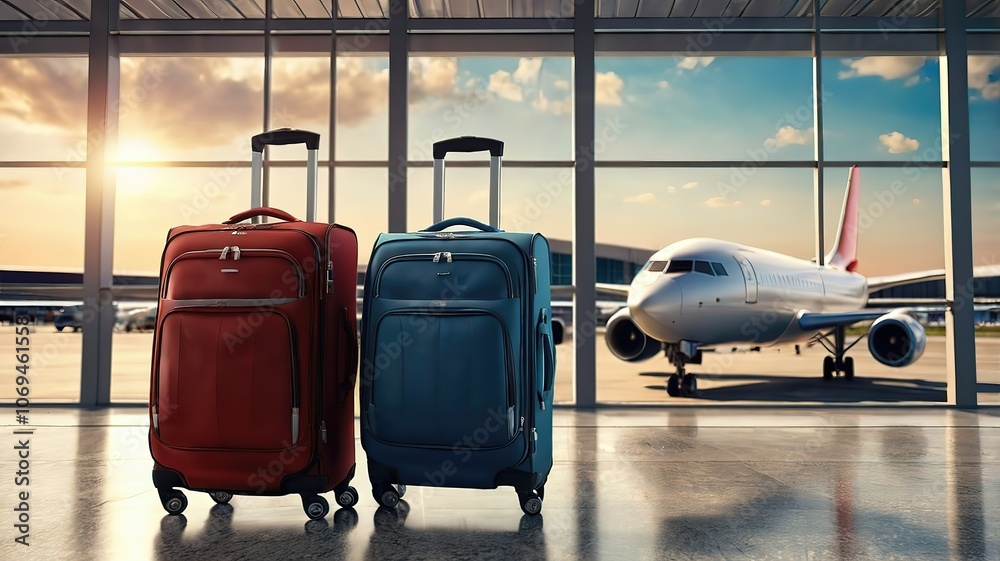 Luggage at an airport with a plane in the background. Luggage at an airport with a plane in the background.