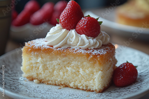 a slice of Colombian tres leches cake topped with cream. photo