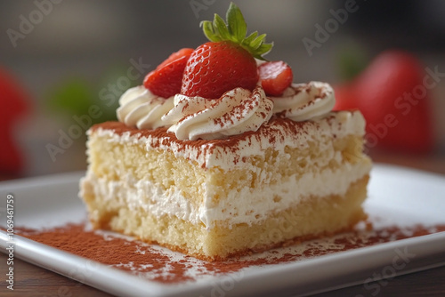 a slice of Colombian tres leches cake topped with cream. photo