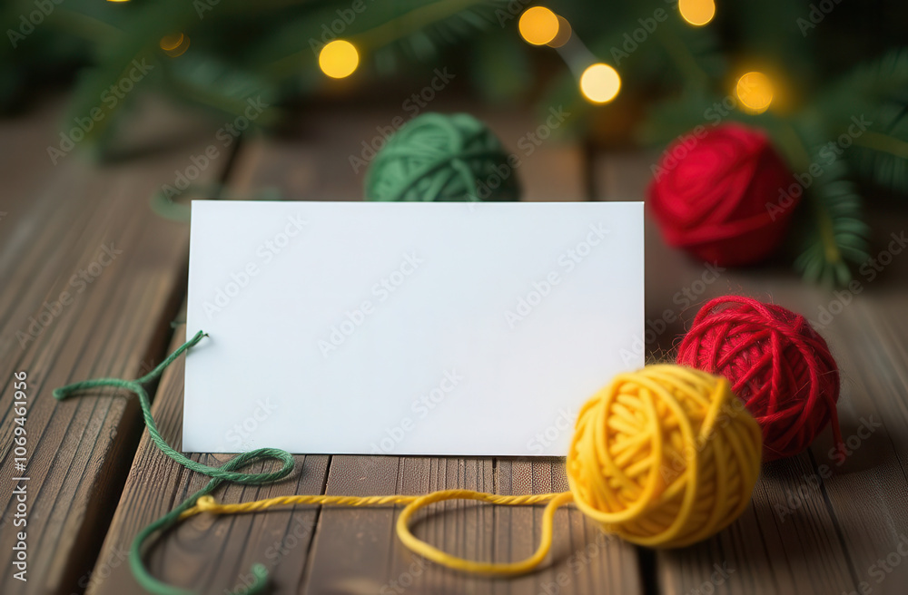 Obraz premium Cozy Christmas card with colorful yarn balls and festive lights on wooden table