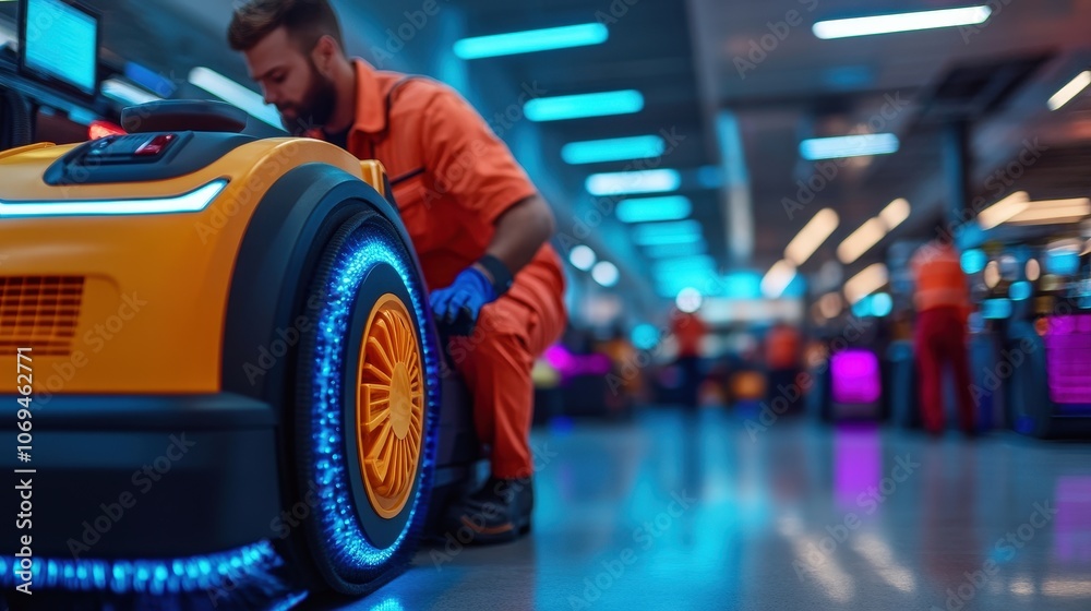 Fototapeta premium In a high-tech environment, a technician adjusts the wheel of a futuristic robotic vehicle, highlighting advanced mechanical engineering and innovation.